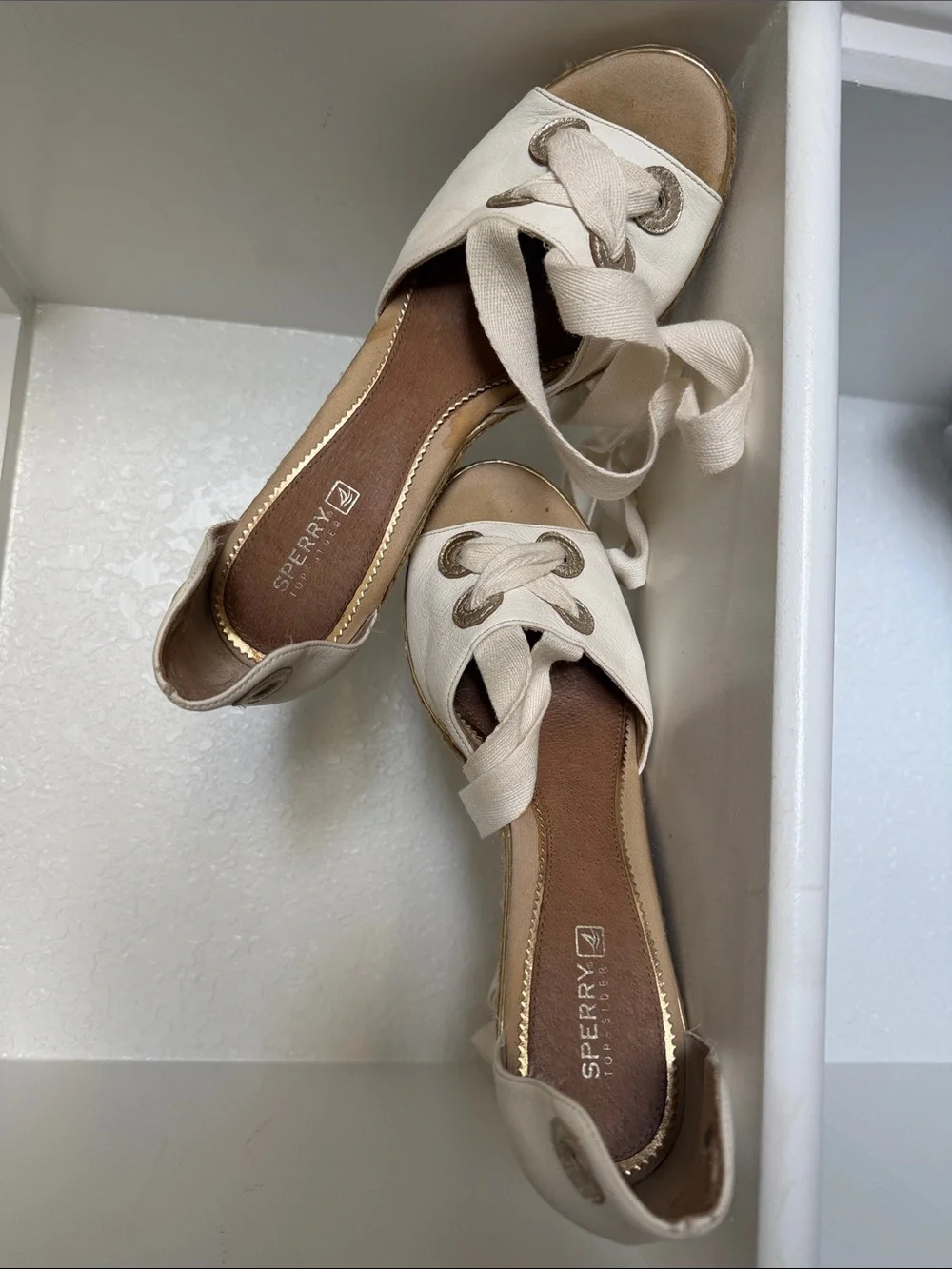 Sperry White and Gold Leather Lace-Up Espadrille Wedge Sandals